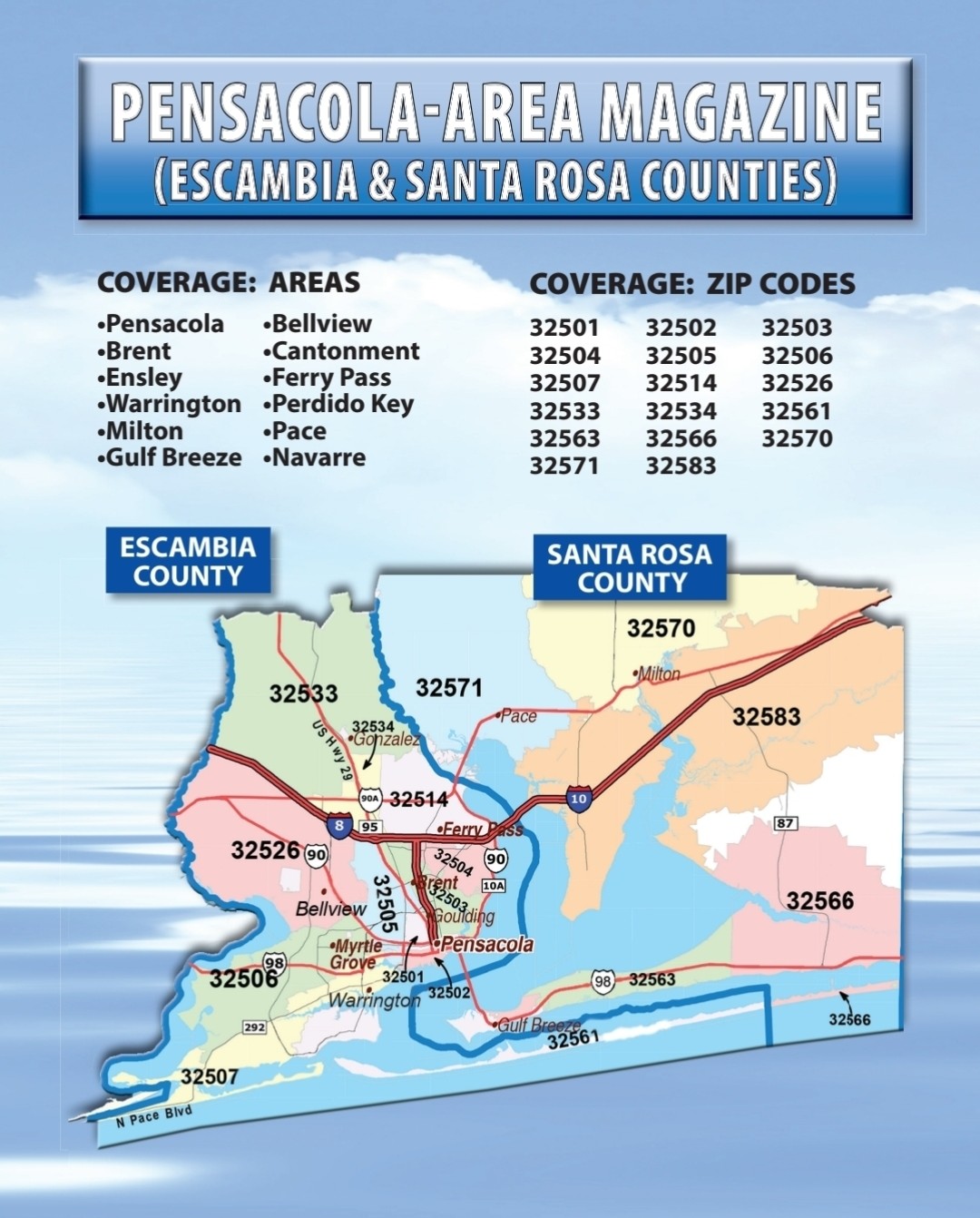 Pensacola area coverage map showing Escambia and Santa Rosa counties