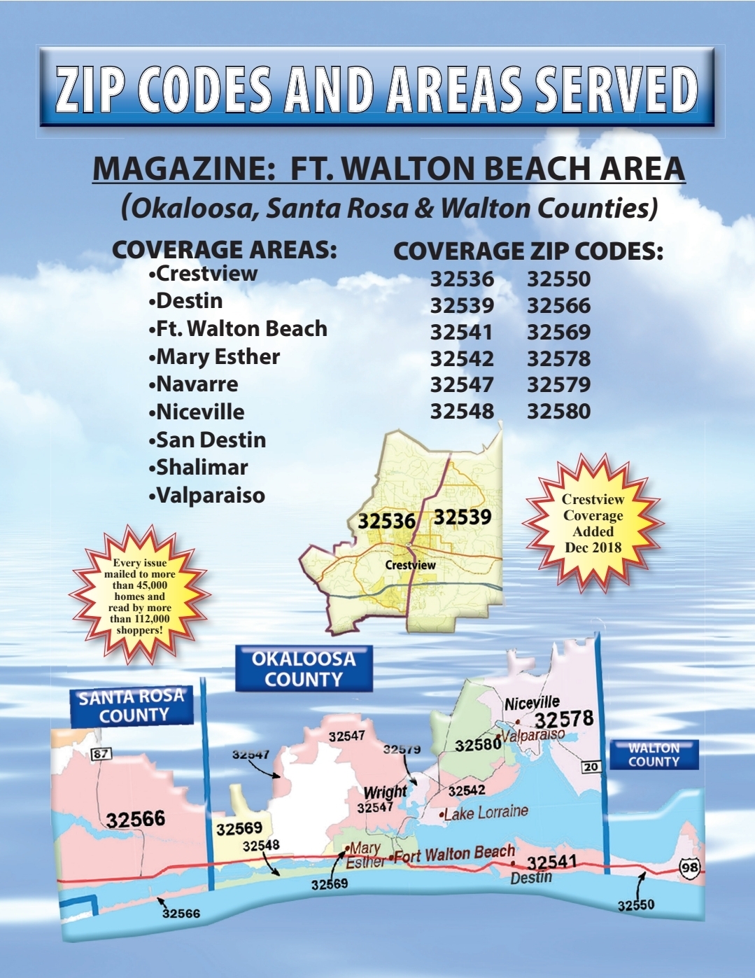 Ft. Walton Beach area coverage map showing Okaloosa, Santa Rosa and Walton counties